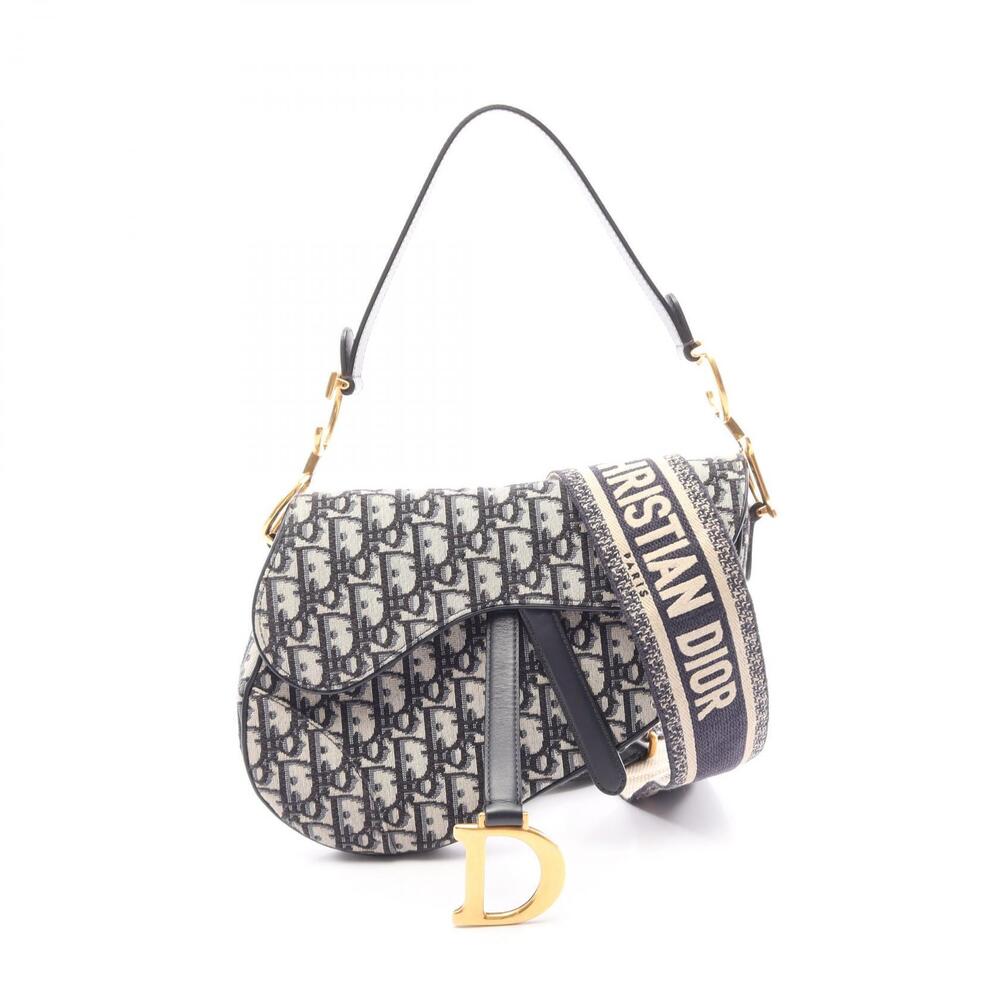Christian Dior SADDLE Oblique Handbag Canvas Leather Beige Navy Blue